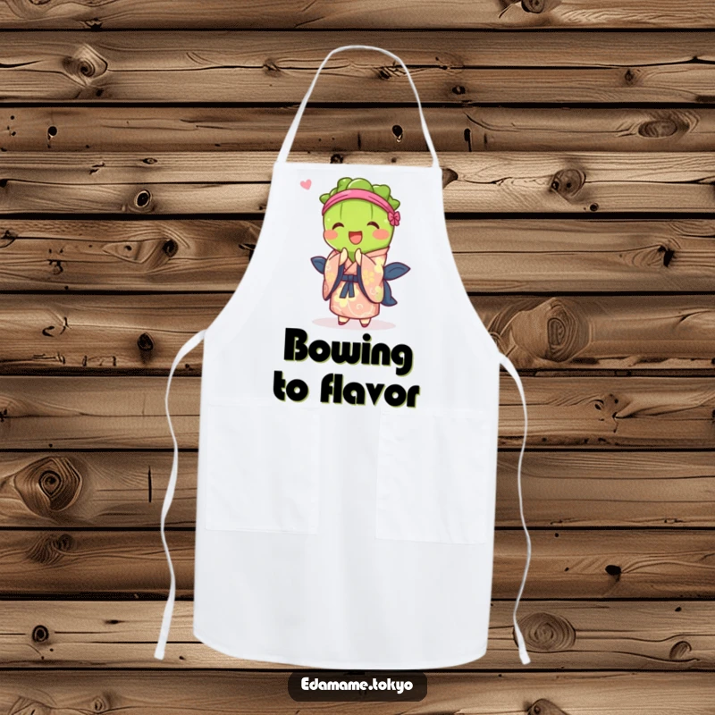 Funny apron with an edamame character in a vibrant kimono, joyfully bowing, ready to assist in the kitchen.