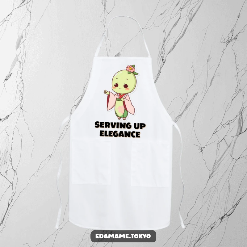 Funny apron featuring an edamame character in an elegant kimono, gracefully extending a hand, perhaps to offer assistance.