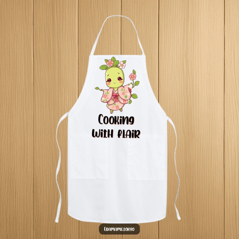 Funny apron showing a cute edamame character in a floral kimono, playfully twirling while perhaps prepping food.