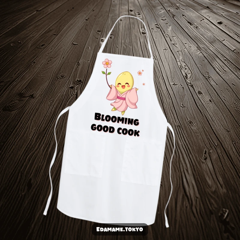 Funny apron showing a joyful edamame in a pale pink kimono, twirling with a blossom, perfect for messy kitchen fun.