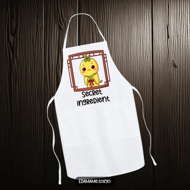 Funny apron with an edamame in a yellow kimono, playfully peeking from behind a screen, perfect for kitchen antics.