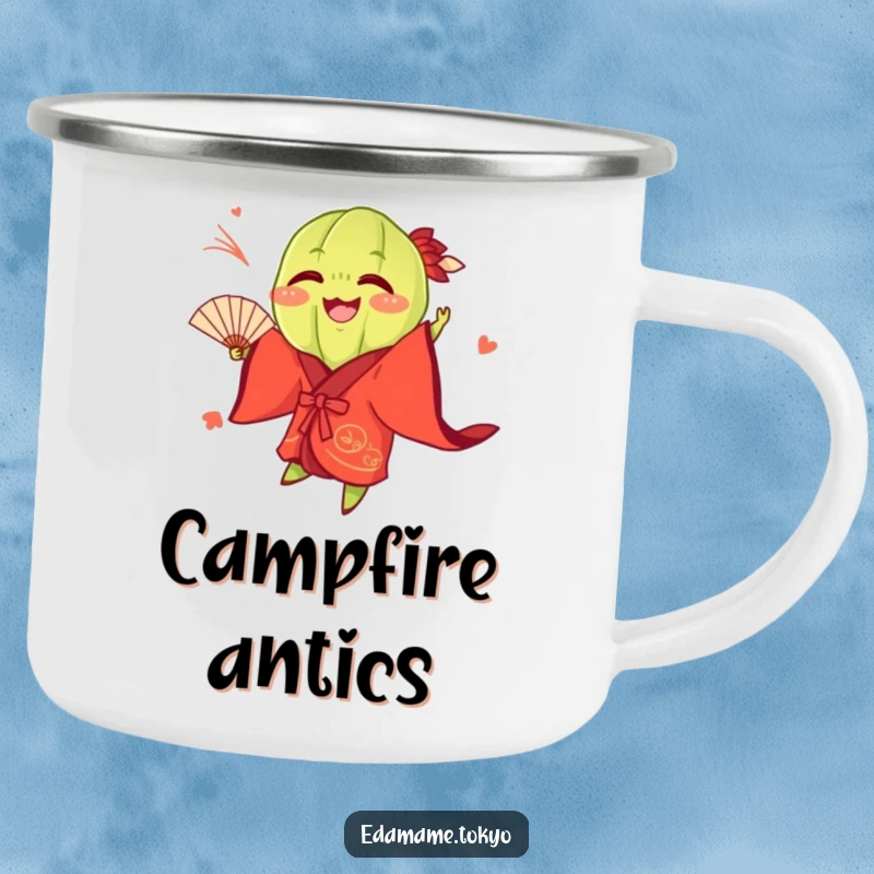 Funny Edamame pod in a vibrant red kimono, playfully tossing a fan, on a durable camping mug, evoking lively outdoor fun.