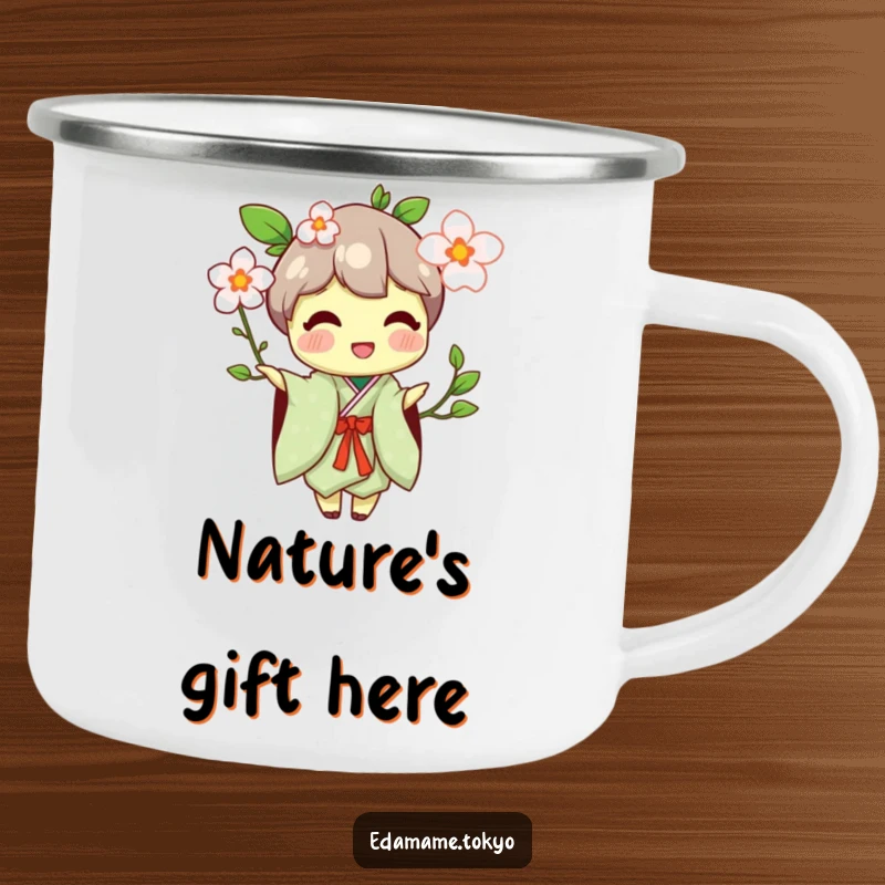 Funny camping mug with an edamame character in a traditional kimono, happily offering a flower blossom.