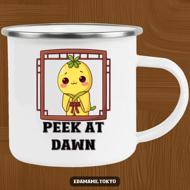 Funny camping mug with an edamame in a yellow kimono, playfully peeking from behind a screen, ready for outdoor fun.