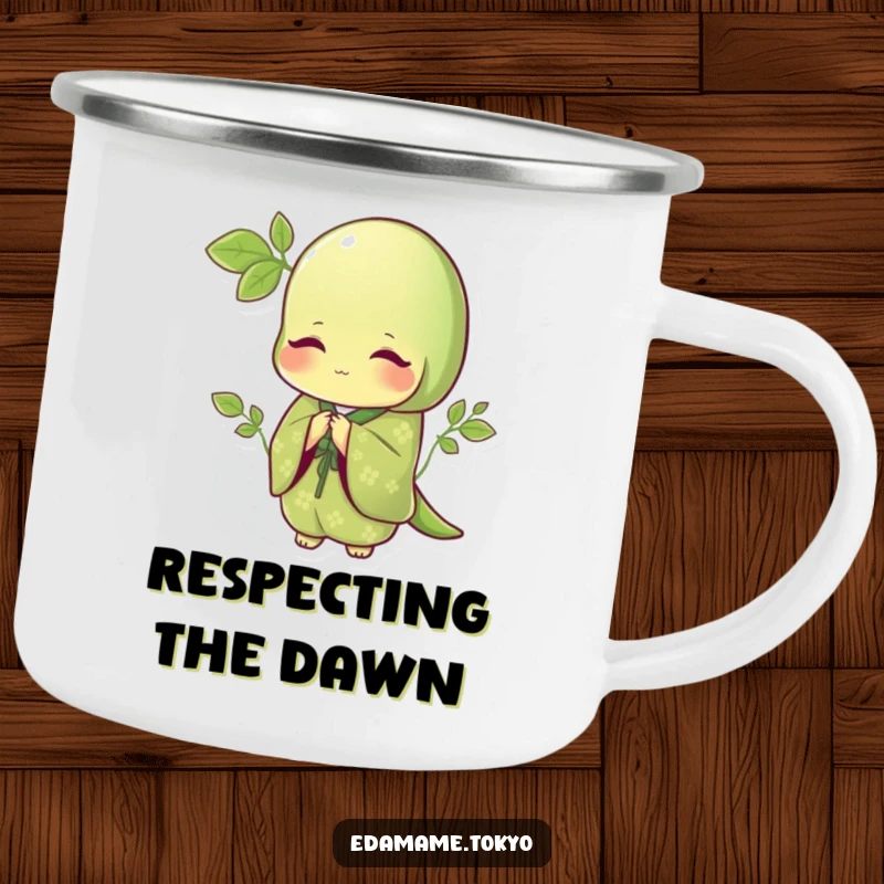 Funny camping mug with a polite edamame in an elegant green kimono with patterns, bowing gracefully, ready for the outdoors.