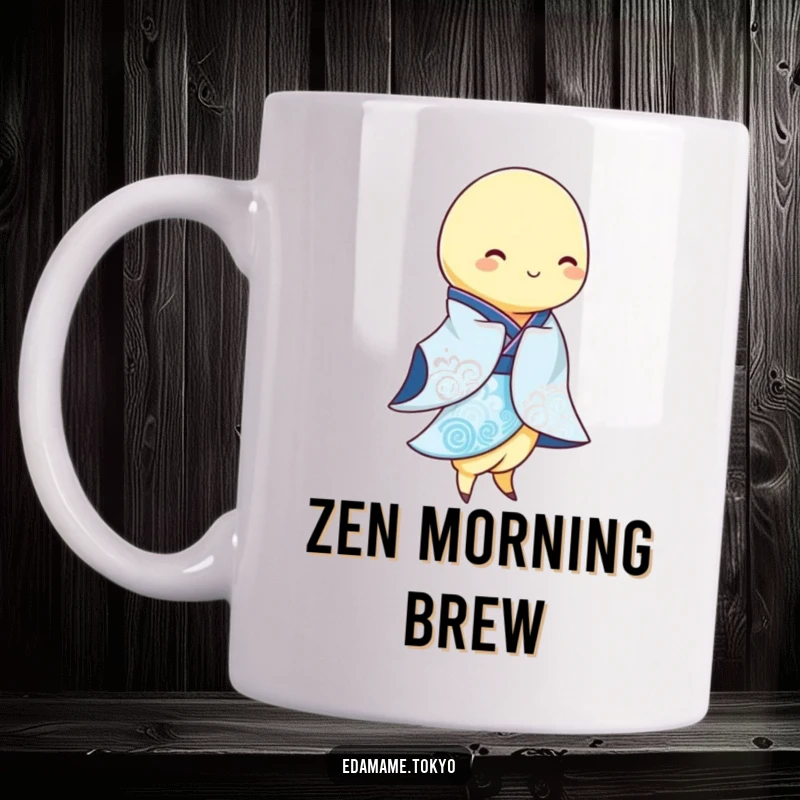 Funny Edamame pod wearing a flowing blue and white kimono, gracefully swaying, on a mug, symbolizing calm and elegance.