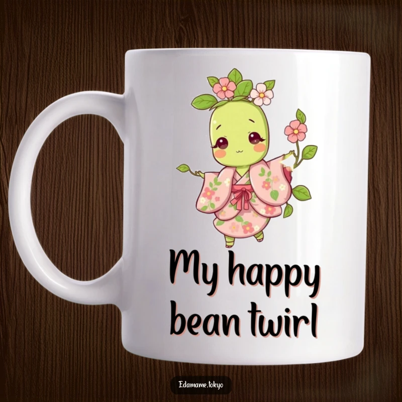 Funny mug featuring a cute edamame character playfully twirling in a floral kimono, exuding joy and charm.