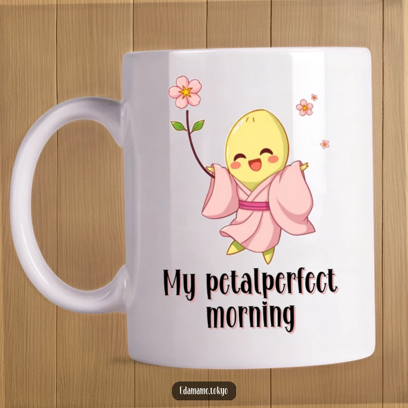 Funny mug featuring a smiling edamame wearing a pale pink kimono, joyfully twirling with a blossom and radiating happiness.