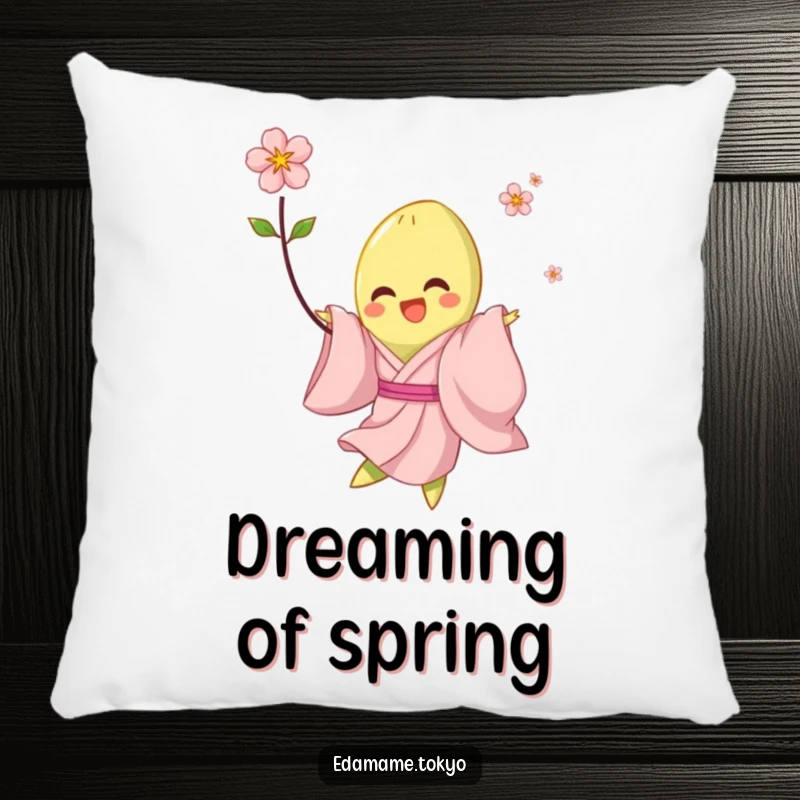 Funny pillow featuring a cute edamame in a pale pink kimono, joyfully twirling with a blossom, adding comfort and humor.