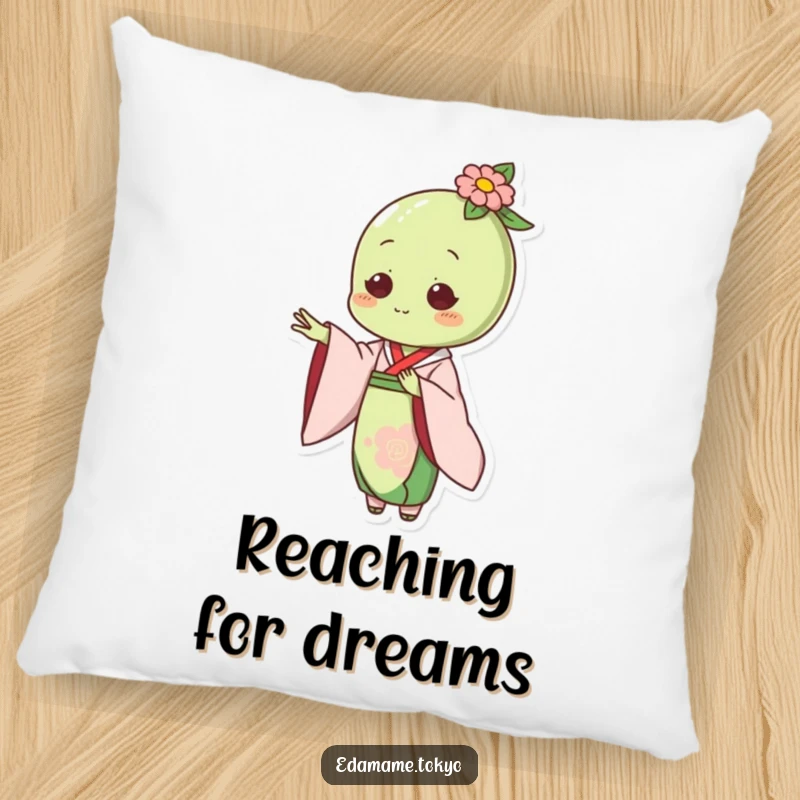 Funny pillow with an edamame character in an elegant kimono, extending a hand in a welcoming gesture.