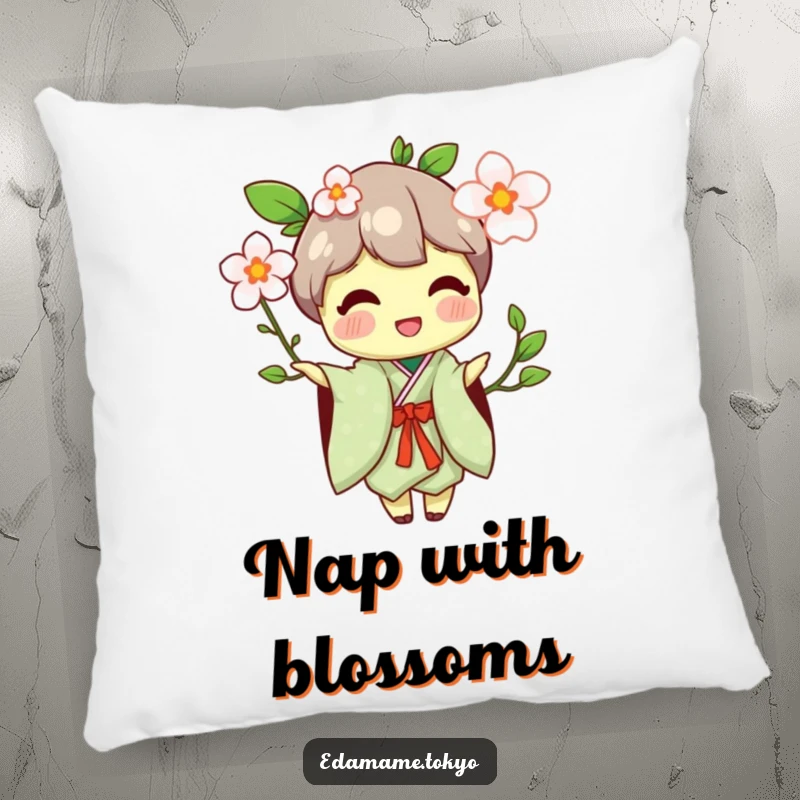 Funny pillow with an edamame character in a traditional kimono, happily offering a flower blossom.