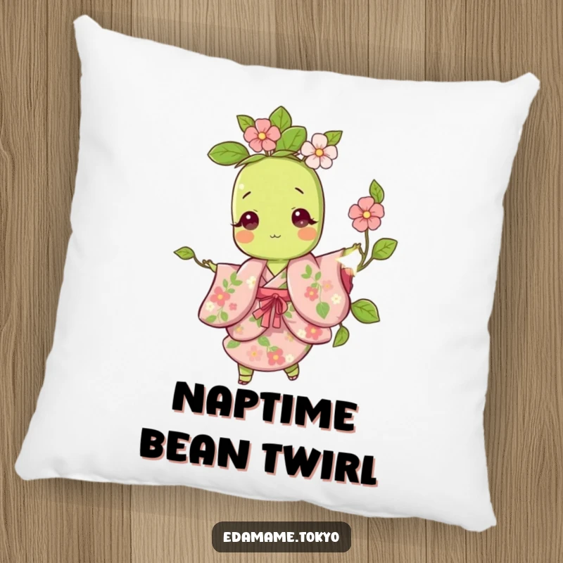 Funny pillow with a cute edamame character playfully twirling in a colorful floral kimono, designed for comfort and cheer.
