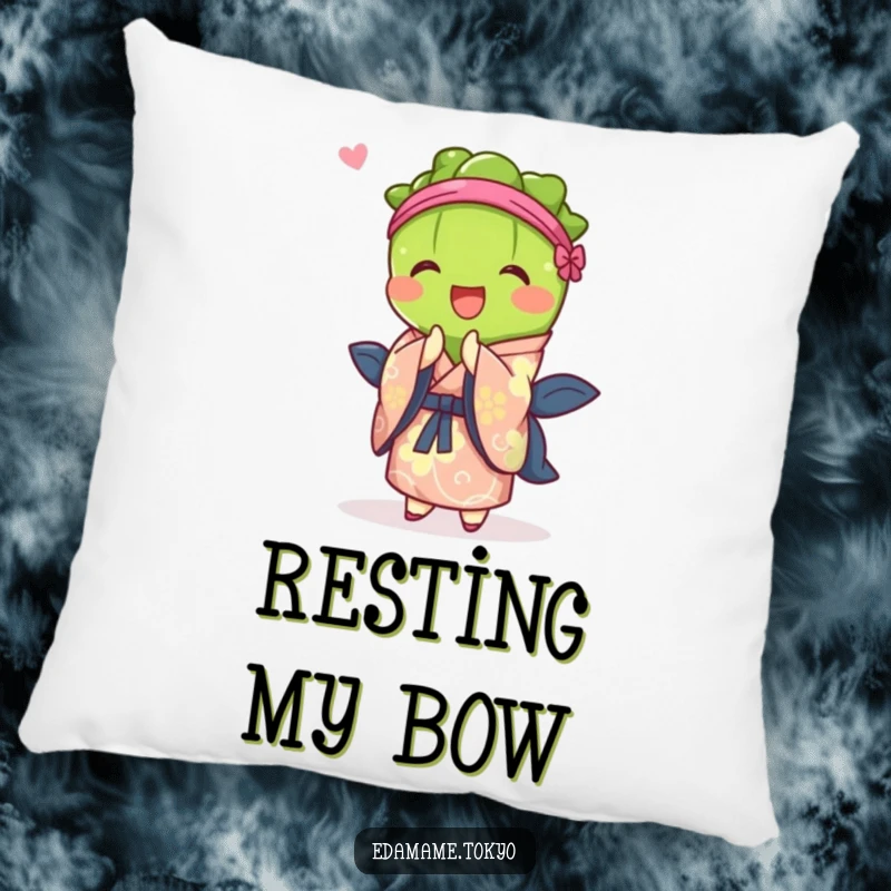 Funny pillow featuring an edamame character in a vibrant kimono, depicted in a happy, welcoming bow.