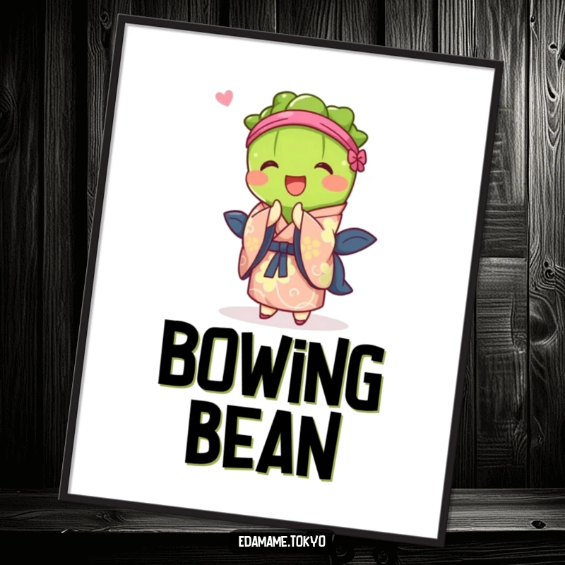 Funny digital art print of an edamame character in a vibrant kimono, joyfully bowing, ready to be printed.