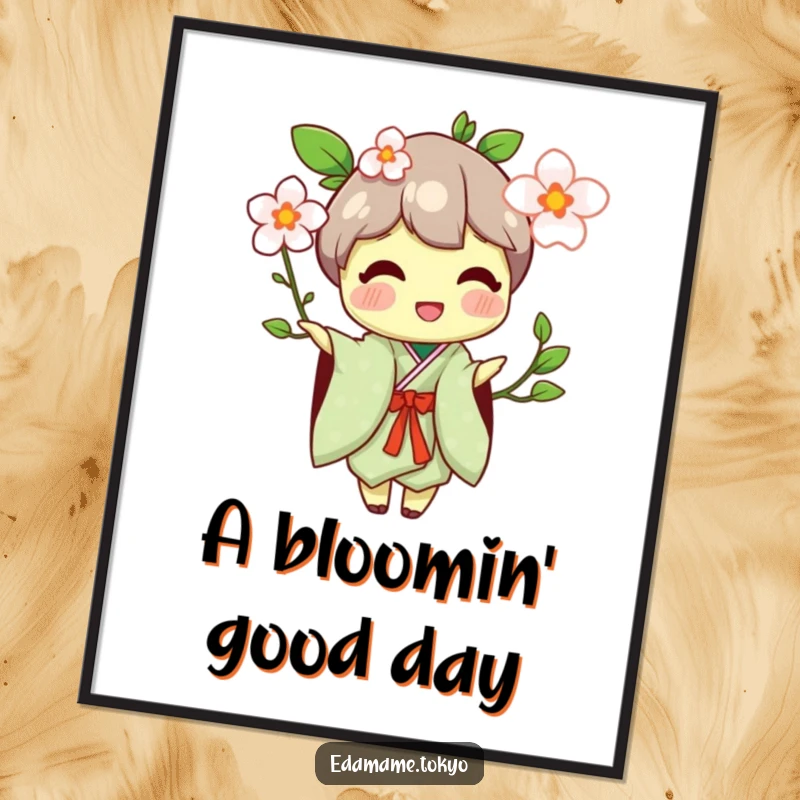 Funny digital art print of an edamame character in a traditional kimono, happily offering a flower blossom.