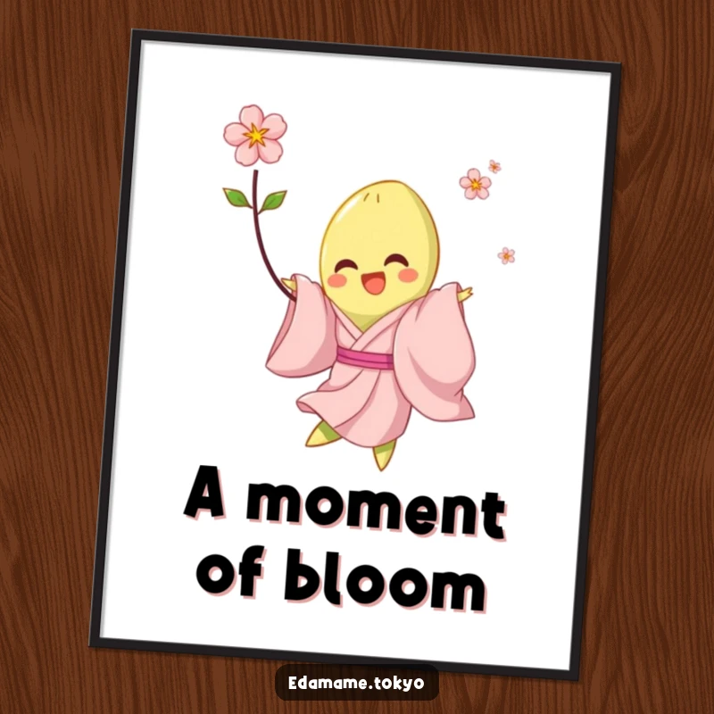 Funny digital art print of an edamame in a pale pink kimono, joyfully twirling with a blossom, perfect for instant wall art.