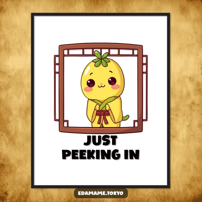 Funny digital art print of an edamame in a yellow kimono, playfully peeking from behind a screen, perfect for playful decor.