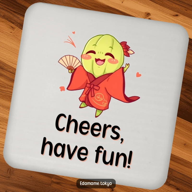 Funny Edamame pod wearing a vibrant red kimono, playfully tossing a fan, depicted on a drink coaster for lively decor.
