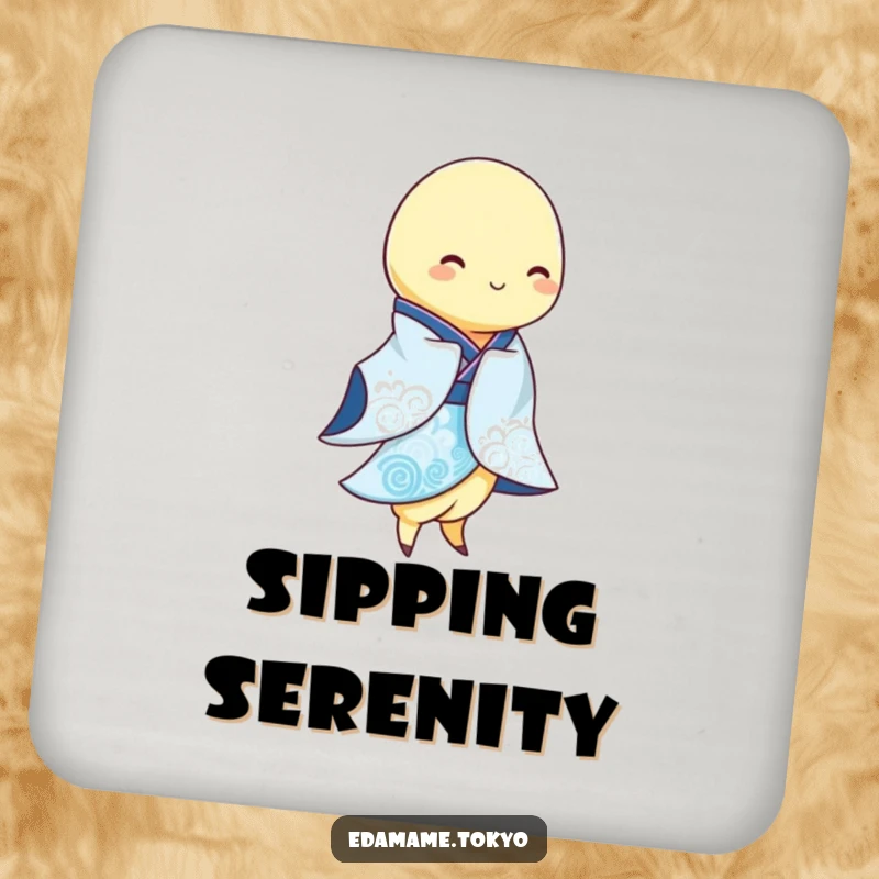 Funny Edamame pod wearing a flowing blue and white kimono, swaying gracefully, depicted on a drink coaster for peaceful decor.
