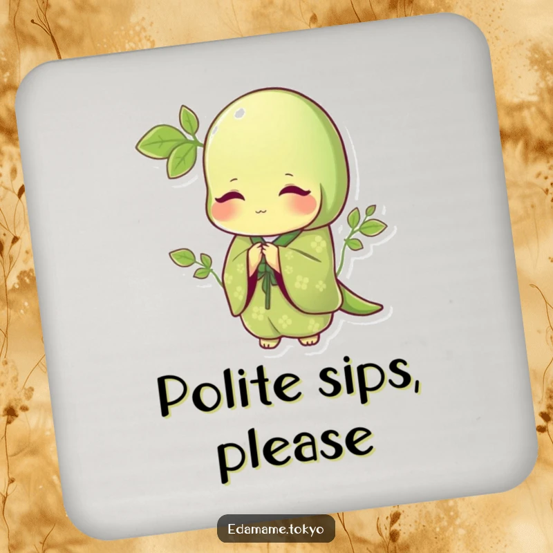 Funny drink coaster featuring an edamame in an elegant green kimono with patterns, bowing gracefully, adding class to your table.