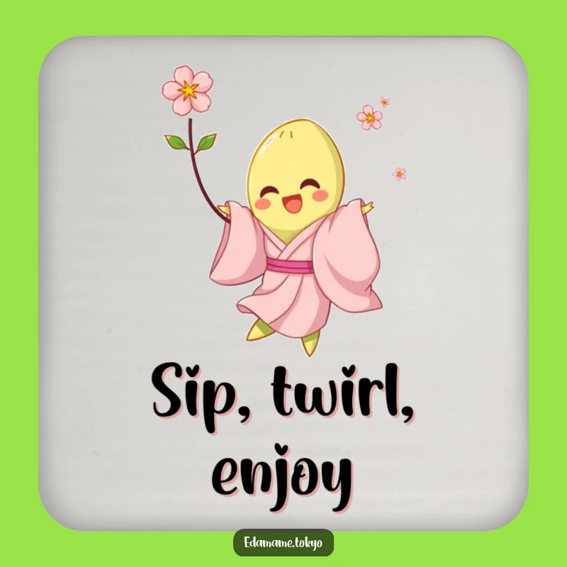 Funny Edamame Coaster: Pink Kimono Twirl, Protect Tables with Blossom Humor