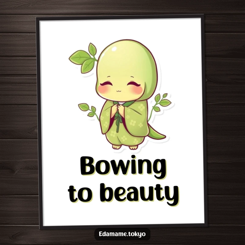 Funny poster art of an edamame in an elegant green kimono with delicate patterns, bowing gracefully, perfect for refined decor.
