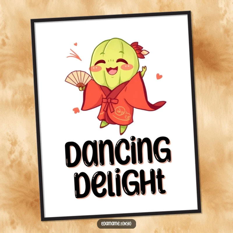 Funny Edamame wearing a vibrant red kimono, playfully tossing a fan, presented as humorous wall art, an energetic funny gift.