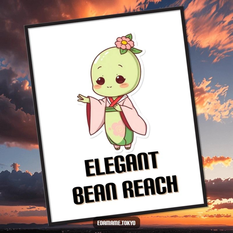Funny poster art of an edamame character in an elegant kimono, gracefully extending a helping hand.