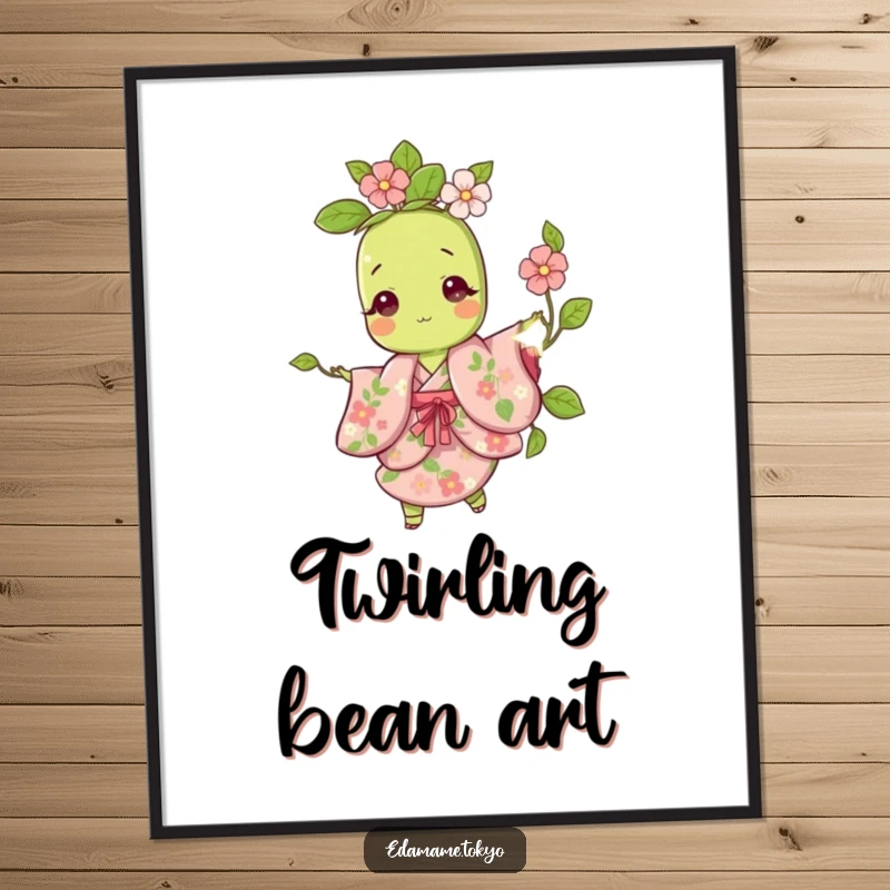 Funny poster of a cute edamame character in a floral kimono, dynamically twirling with a sense of playful abandon.