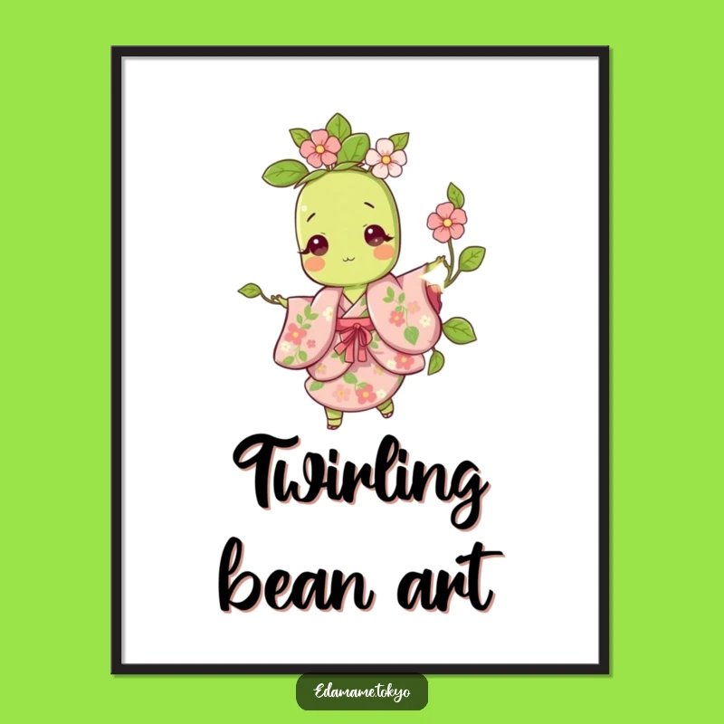 Funny Edamame Poster: Playful Twirl in Floral Kimono - Wall Art Gift