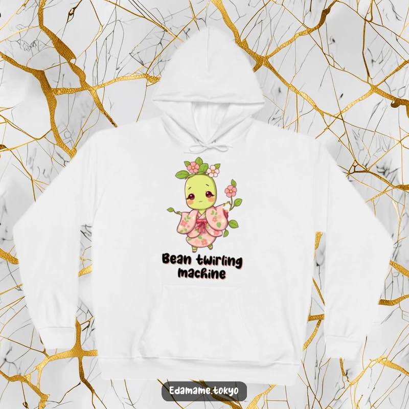 Funny hoodie showcasing a cute edamame character doing a playful twirl in a vibrant floral kimono.