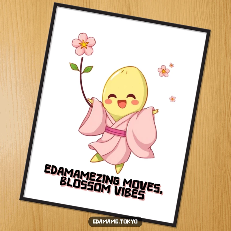 Funny Free Printable Wall Art of an edamame in a pink kimono twirling joyfully with a blossom.
