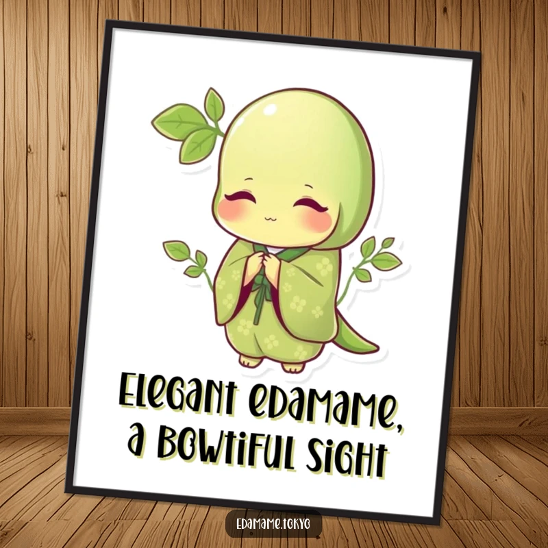 Funny Free Printable Wall Art depicting an edamame in a green kimono with delicate patterns, bowing.
