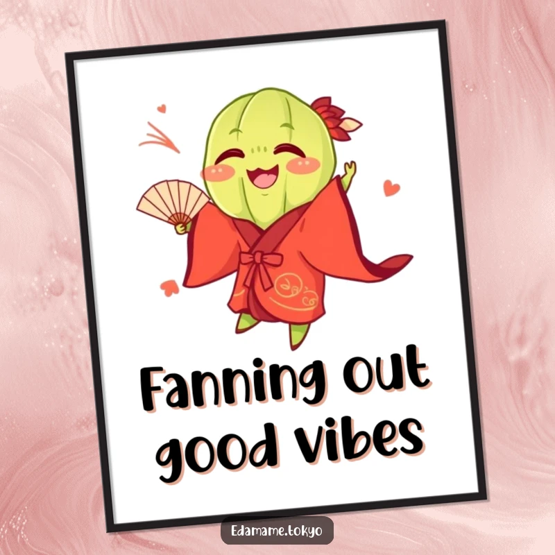 Funny Free Printable Wall Art: An edamame pod wearing a vibrant red kimono is playfully tossing a fan.
