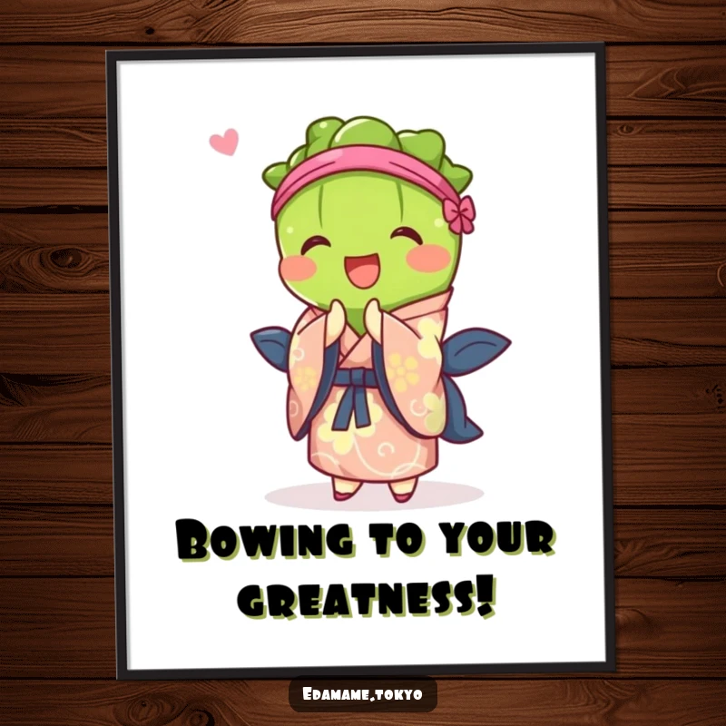 Funny Free Printable Wall Art: Edamame in a vibrant kimono joyfully bowing, a cheerful piece of downloadable art.