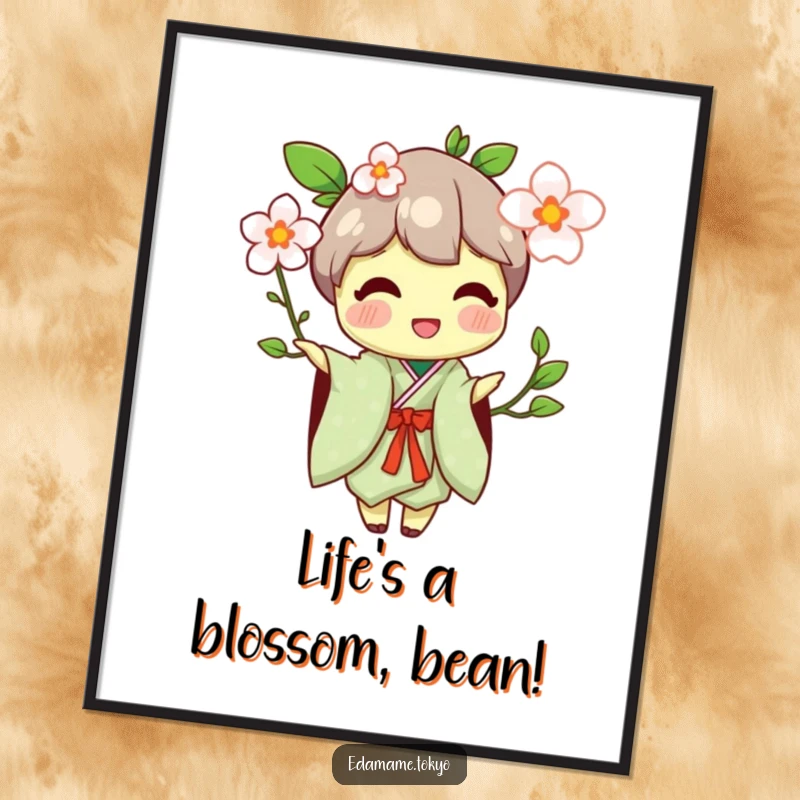 Funny Free Printable Wall Art: Edamame in a traditional kimono happily offering a blossom, serene downloadable art.