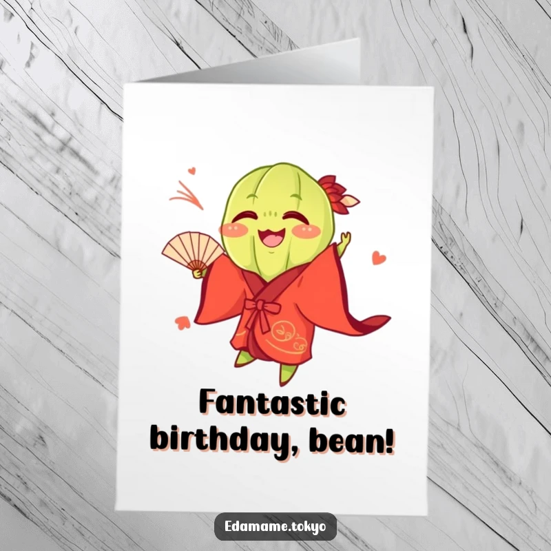 Funny Free Printable Birthday Card: An edamame in a red kimono playfully tosses a fan.
