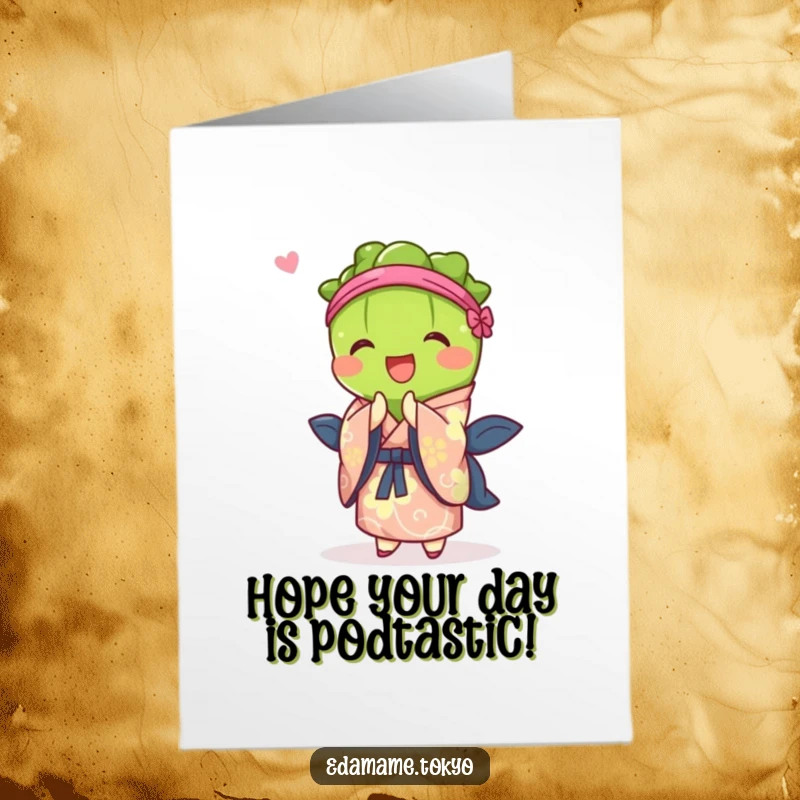 Funny Free Printable Birthday Card: Edamame in a vibrant kimono joyfully bowing, a delightful downloadable birthday greeting.