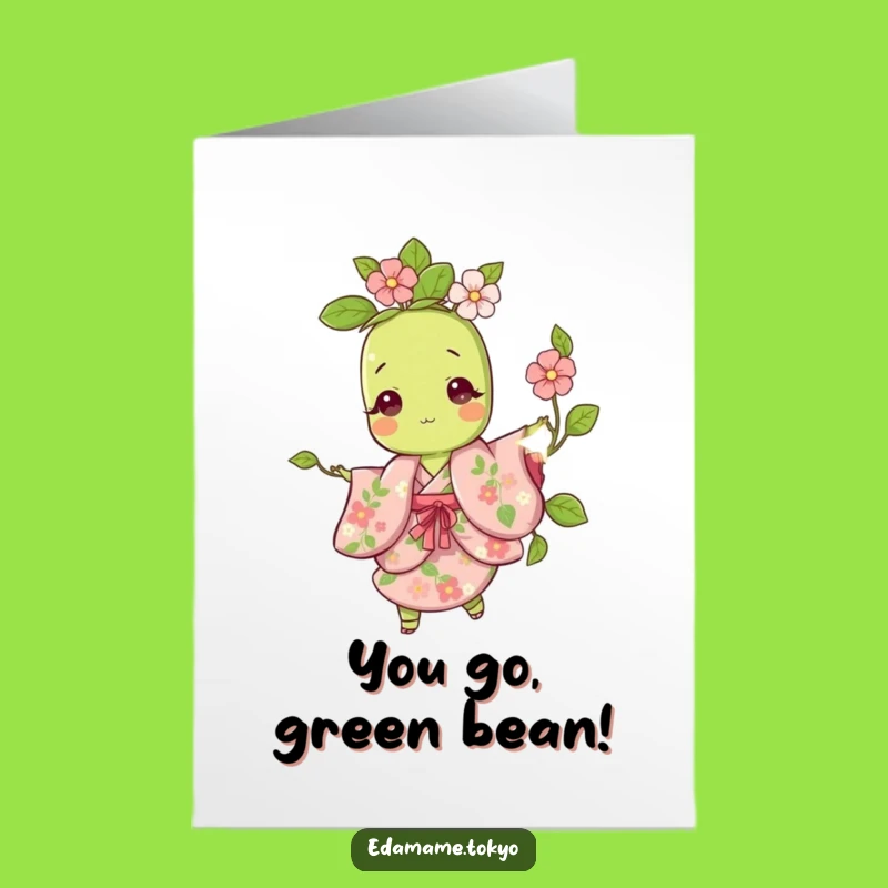 Free Printable Birthday Card: Cute Edamame Twirling in Floral Kimono Funny Downloadable Gift