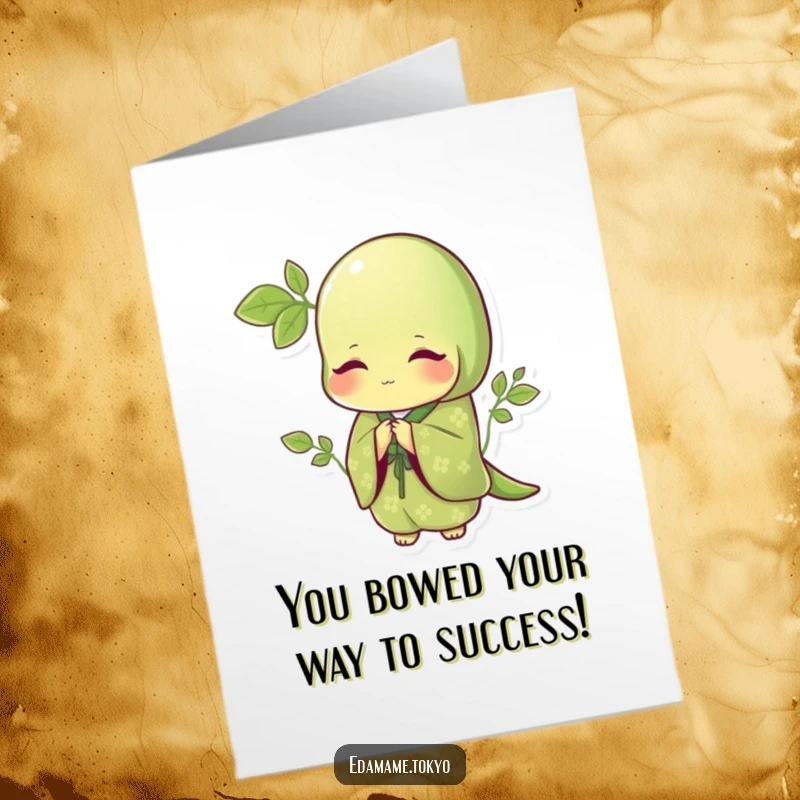 Funny Free Printable Congratulations Card featuring an edamame in a patterned green kimono elegantly bowing.