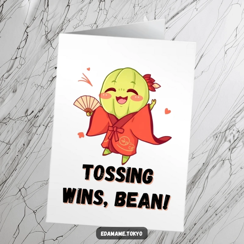 Funny Free Printable Congratulations Card: An edamame in a red kimono playfully tosses a fan in celebration.