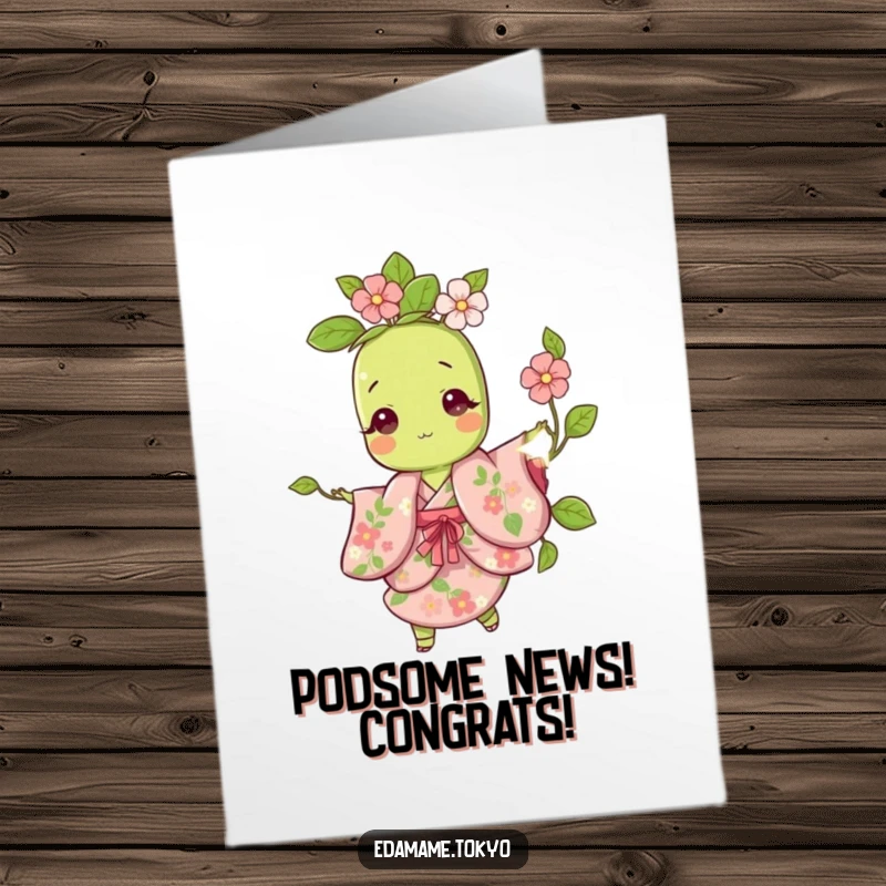 Funny Free Printable Congratulations Card: Edamame in floral kimono joyfully twirling, a perfect downloadable celebration.