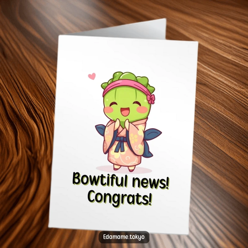 Funny Free Printable Congratulations Card: Edamame in a vibrant kimono joyfully bowing in celebration, a unique downloadable.