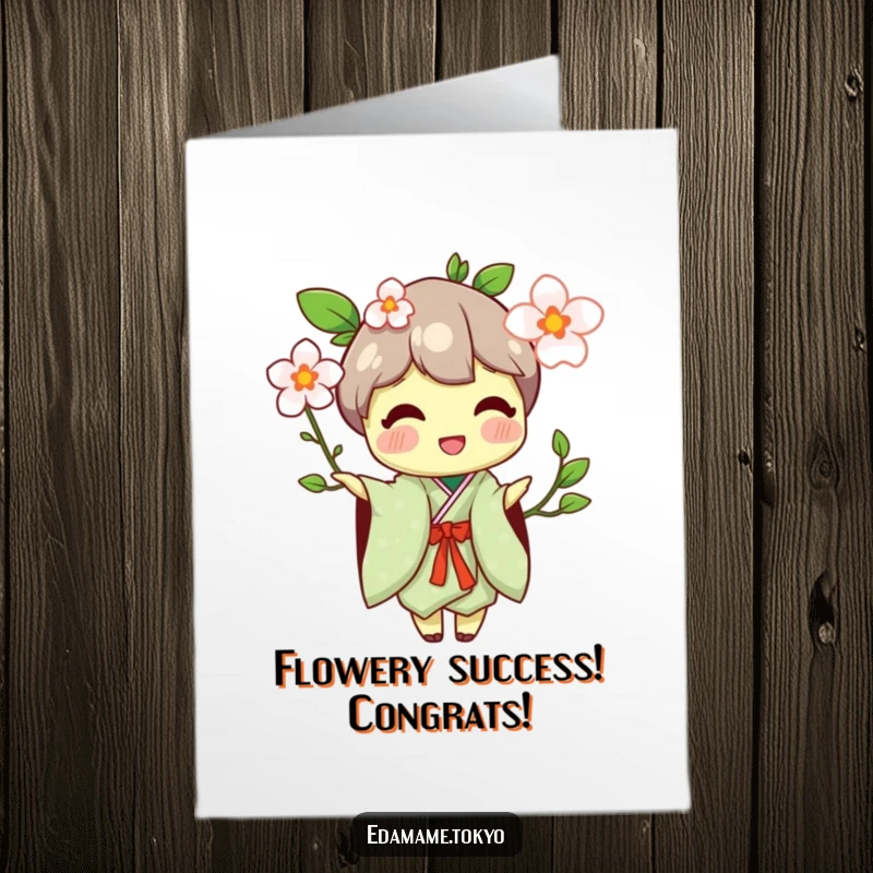 Funny Free Printable Congratulations Card: Edamame in a traditional kimono happily offering a blossom, a symbol of joy.
