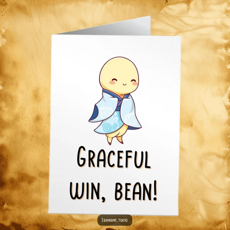Funny Free Printable Congratulations Card: An edamame in a flowing blue and white kimono sways elegantly.