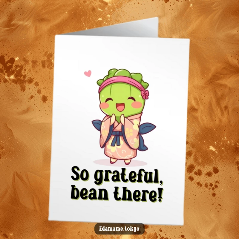 Funny Free Printable Thank You Card: Edamame in a vibrant kimono bowing respectfully, a lovely way to express thanks.