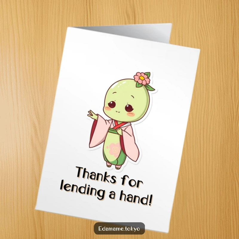 Funny Free Printable Thank You Card: Edamame in an elegant kimono gracefully extending a hand, a gesture of thanks.