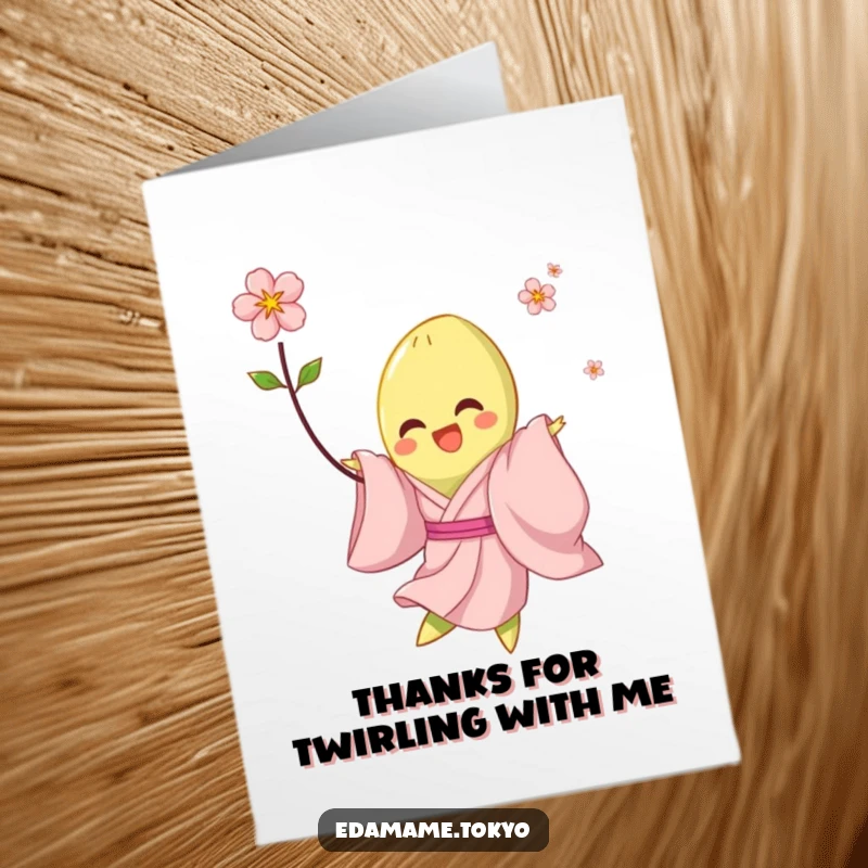Funny Free Printable Thank You Card depicting an edamame in a pink kimono twirling gracefully.