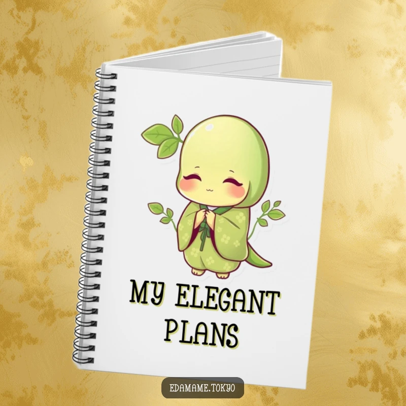 Funny notebook featuring an edamame in an elegant green kimono with delicate patterns, bowing gracefully, ideal for note-taking.