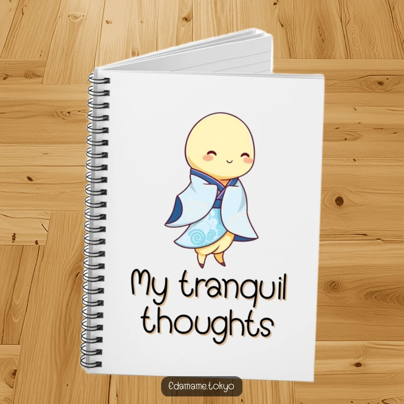 Funny Edamame pod wearing a flowing blue and white kimono, gracefully swaying, designed on a notebook cover for peaceful writing.